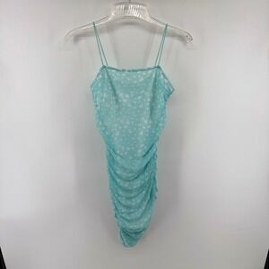 Y2K Fairy Aqua Blue Floral‎ Ruched Mesh Mini Bodycon Dress Small Just Quella NWT